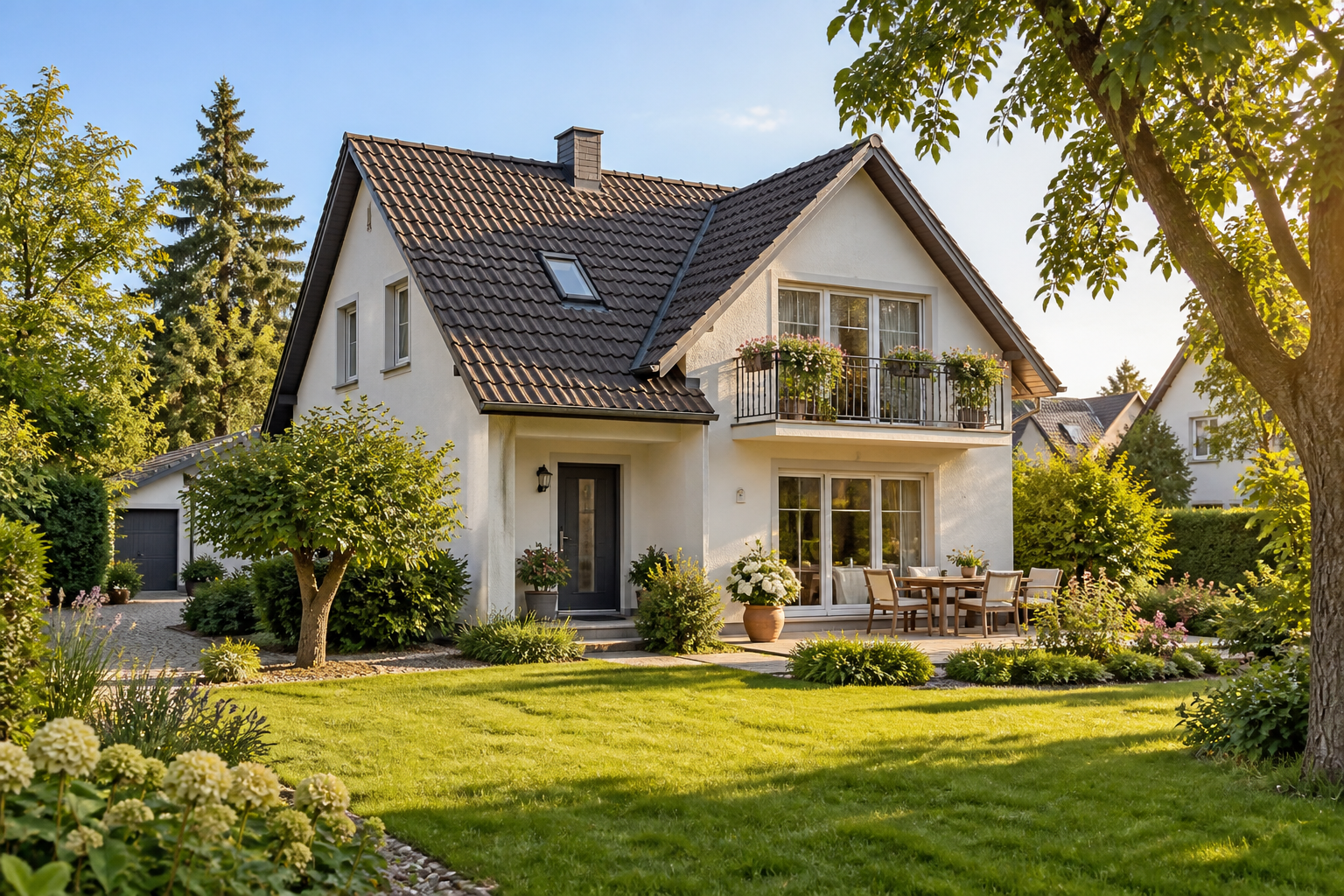 Vollständig sichtbares Wohnhaus mit Garten als Symbol für eine eigene Immobilie